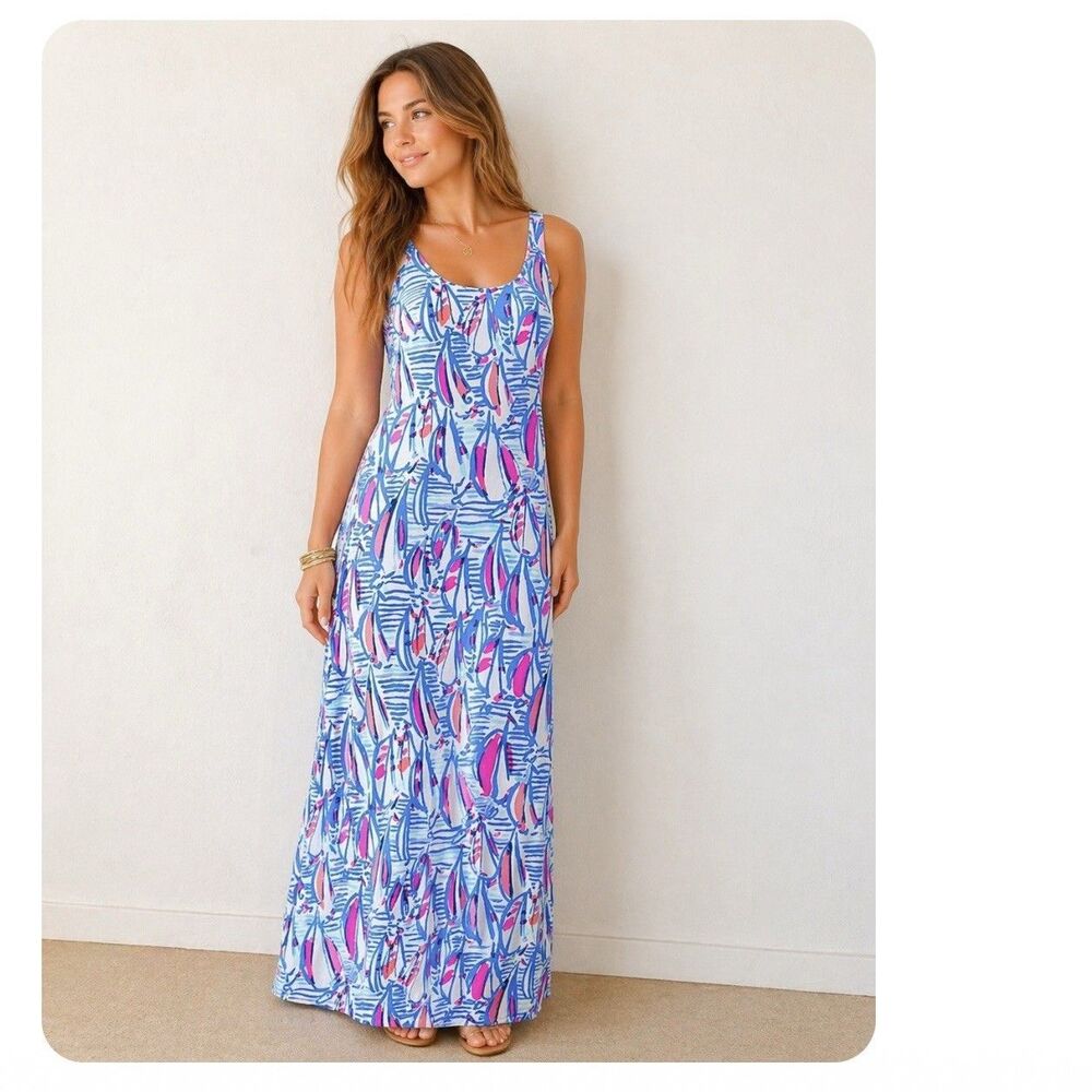 Lilly Pulitzer Palm Maxi Dress Sailboat Holy Grail Size S Blue Pink Pima Cotton